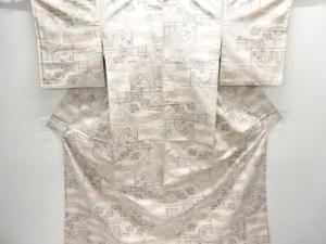 流水に草花模様織り出し十日町紬着物